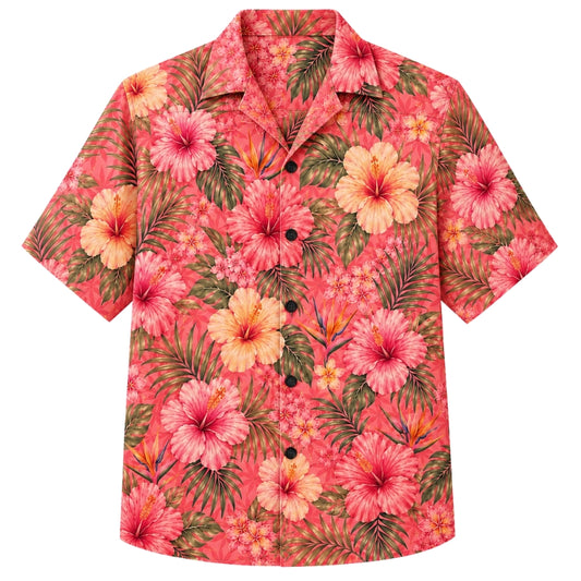 Classic Floral Hawaiian Shirt - Red Hibiscus Vintage Leaf Print