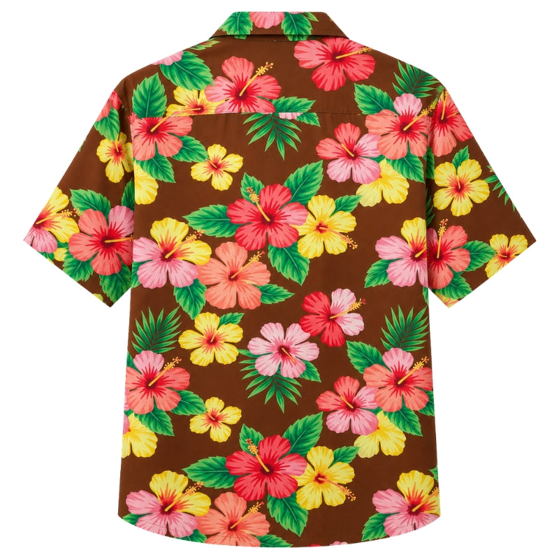 Classic Floral Hawaiian Shirt- Sand Beige Hibiscus Shore Print