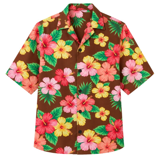 Classic Floral Hawaiian Shirt - Sand Beige Hibiscus Shore Print