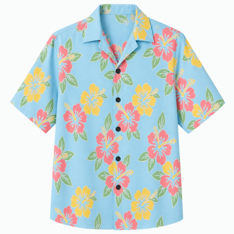 Classic Floral Hawaiian Shirt- Sky Blue Hibiscus Cloud Print