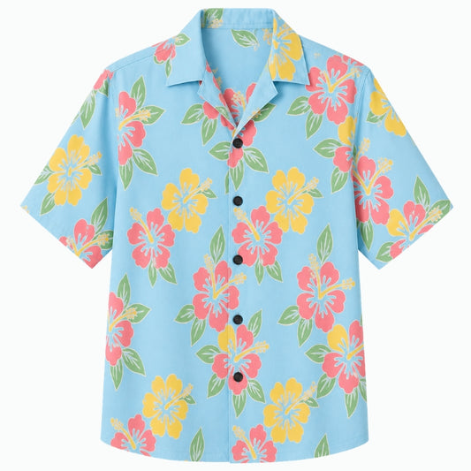 Classic Floral Hawaiian Shirt - Sky Blue Hibiscus Cloud Print