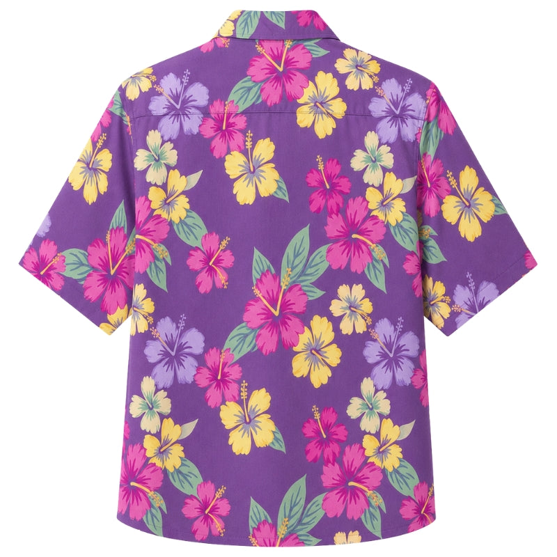 Classic Floral Hawaiian Shirt- Slate Hibiscus Stone Garden Print