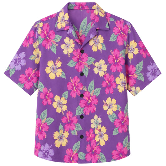 Classic Floral Hawaiian Shirt - Slate Hibiscus Stone Garden Print