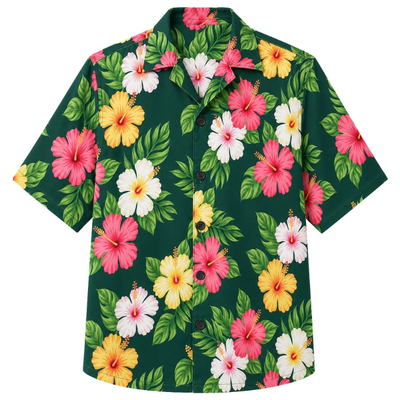 Classic Floral Hawaiian Shirt- Sunburst Hibiscus Palm Ray Print