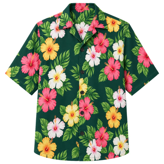 Classic Floral Hawaiian Shirt - Sunburst Hibiscus Palm Ray Print