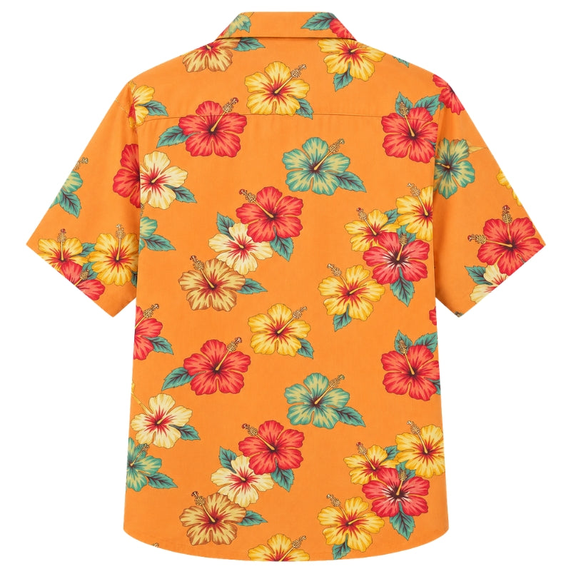 Classic Floral Hawaiian Shirt- Sunset Coral Hibiscus Palm Print