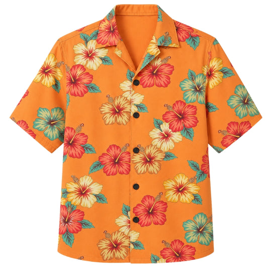 Classic Floral Hawaiian Shirt - Sunset Coral Hibiscus Palm Print