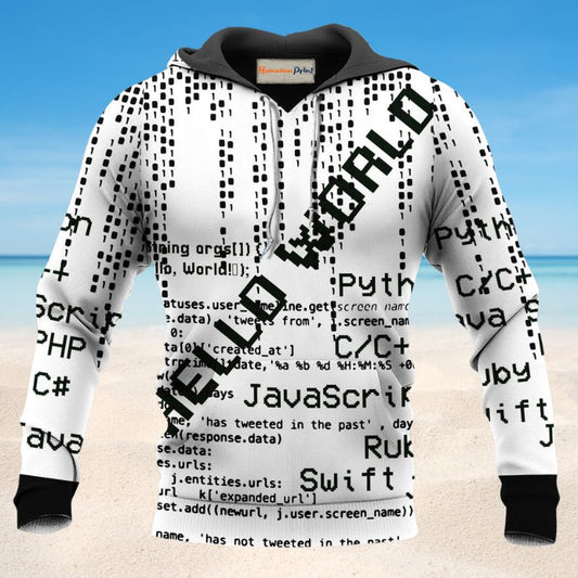 Coder Hello World Black And White Art – 3D Hoodie