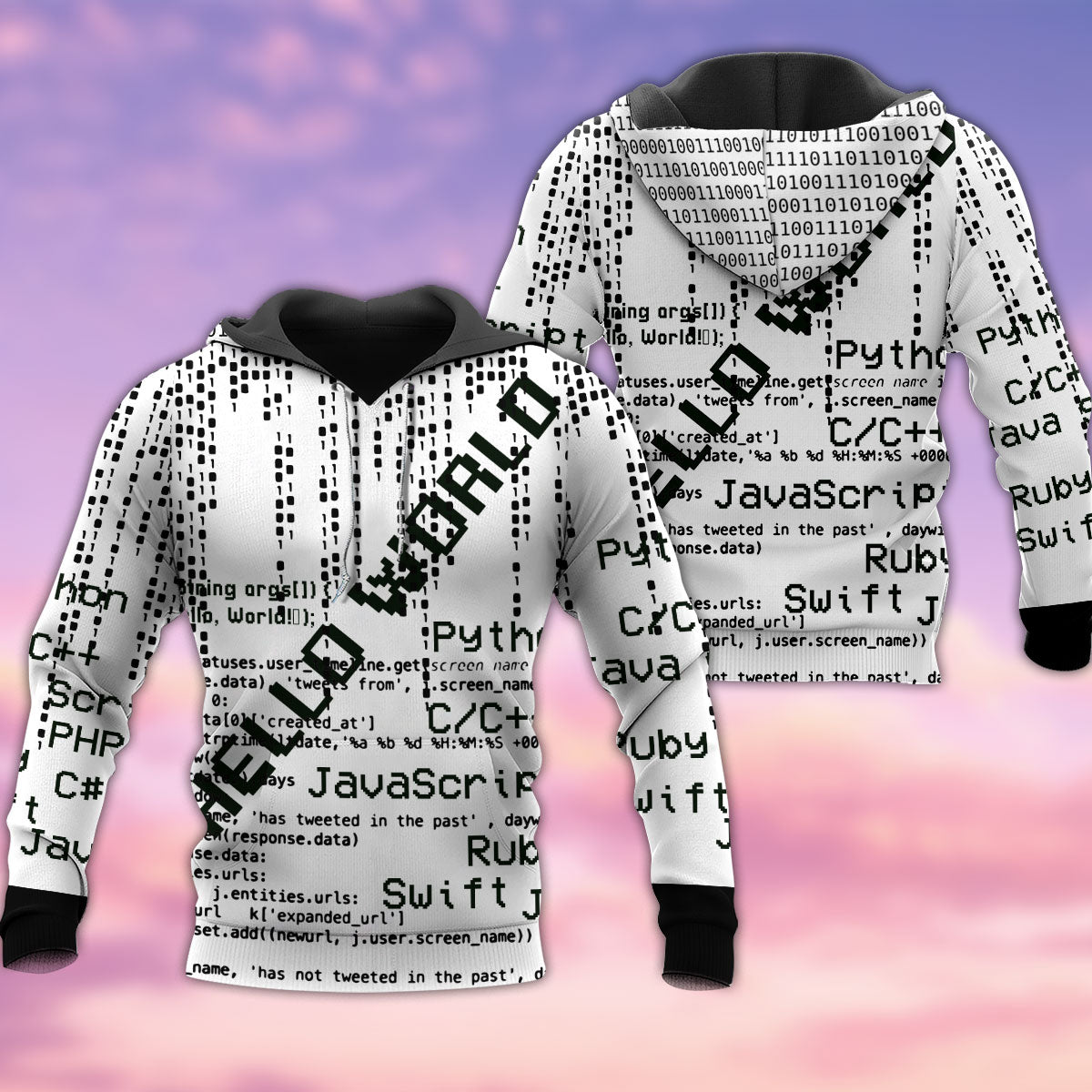 Coder Hello World Black And White Art – 3D Hoodie3