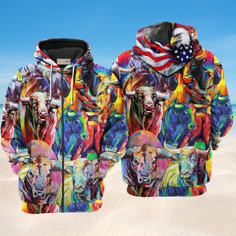 Colorful Bulls Animal Art – 3D Hoodie