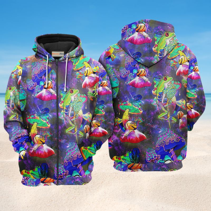 Colorful Frog Galaxy Mushroom Art – 3D Hoodie