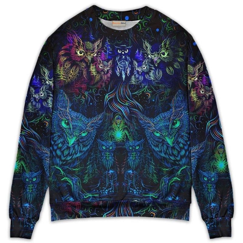 Colorful Owl And Witch Fantasy Art – Sweater - Ugly Christmas Sweater