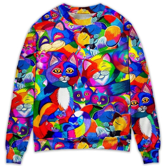 Colorful Rainbow Cat Art Style – Sweater - Ugly Christmas Sweater