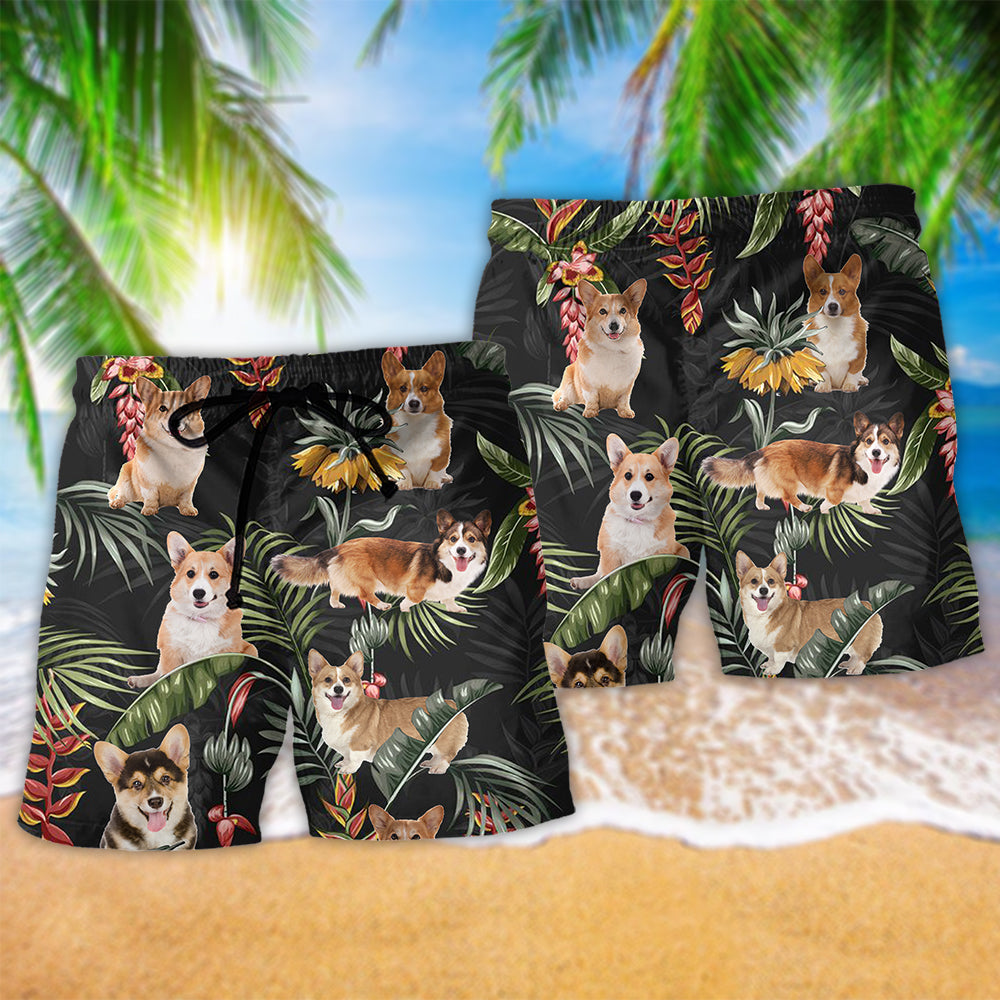 Corgi Dog Tropical Leaf Cute Style – Beach Short