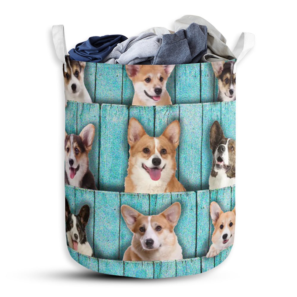 Corgi Wood Blue Style - Laundry Basket - Owls Matrix LTD