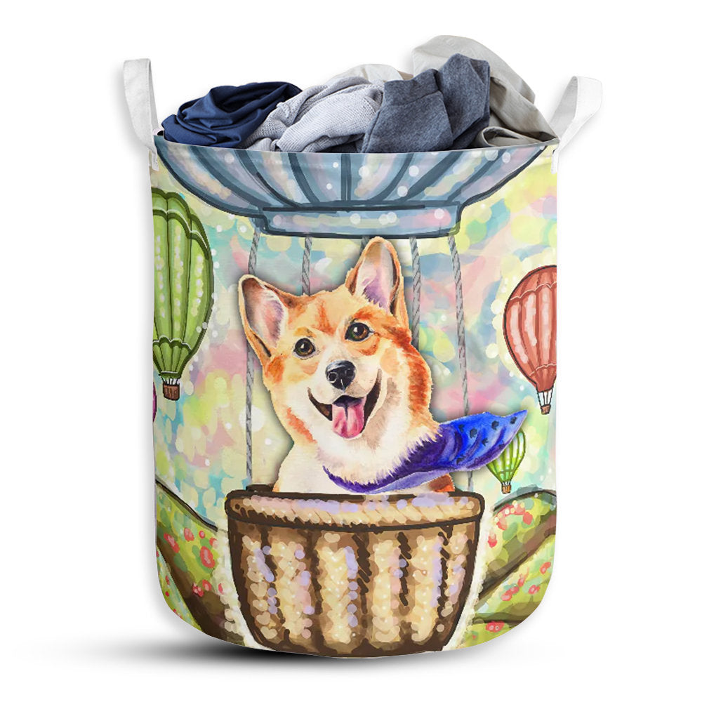 S: 17.72”x13.78” (45x35 cm) Corgi And Air Balloon - Laundry Basket - Owls Matrix LTD
