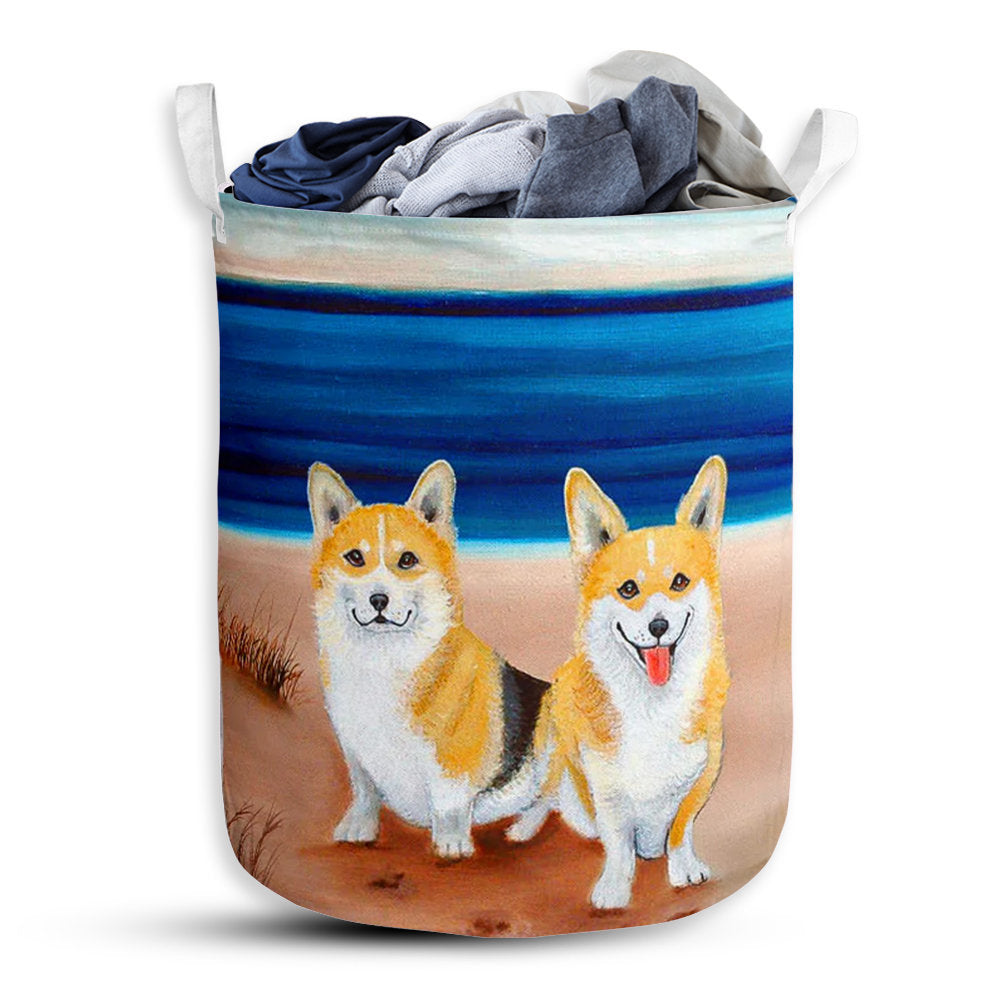 S: 17.72”x13.78” (45x35 cm) Corgi Beach Blue Style - Laundry basket - Owls Matrix LTD