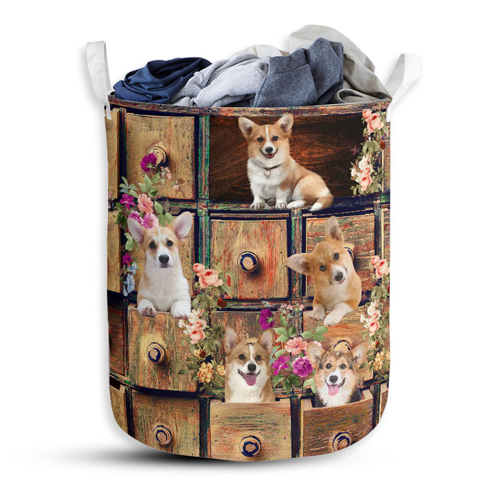 S: 17.72”x13.78” (45x35 cm) Corgi Drawer Floral Style - Laundry Basket - Owls Matrix LTD