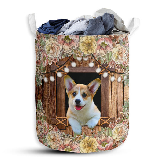 S: 17.72”x13.78” (45x35 cm) Corgi Flower Wood - Laundry basket - Owls Matrix LTD