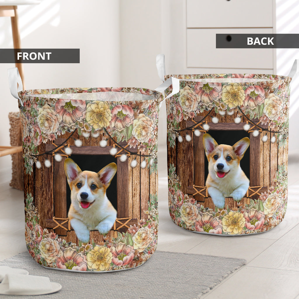 Corgi Flower Wood - Laundry basket - Owls Matrix LTD