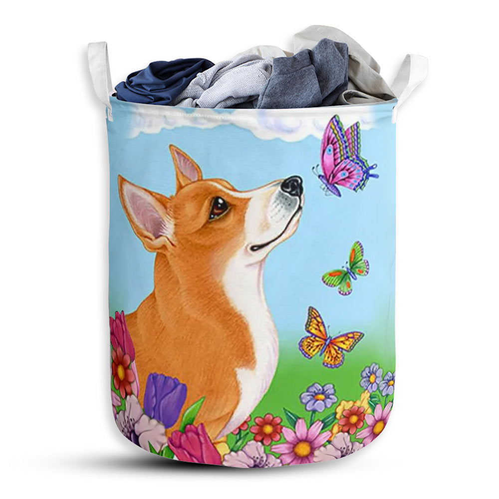 S: 17.72”x13.78” (45x35 cm) Corgi Spring Sky Butterfly - Laundry Basket - Owls Matrix LTD