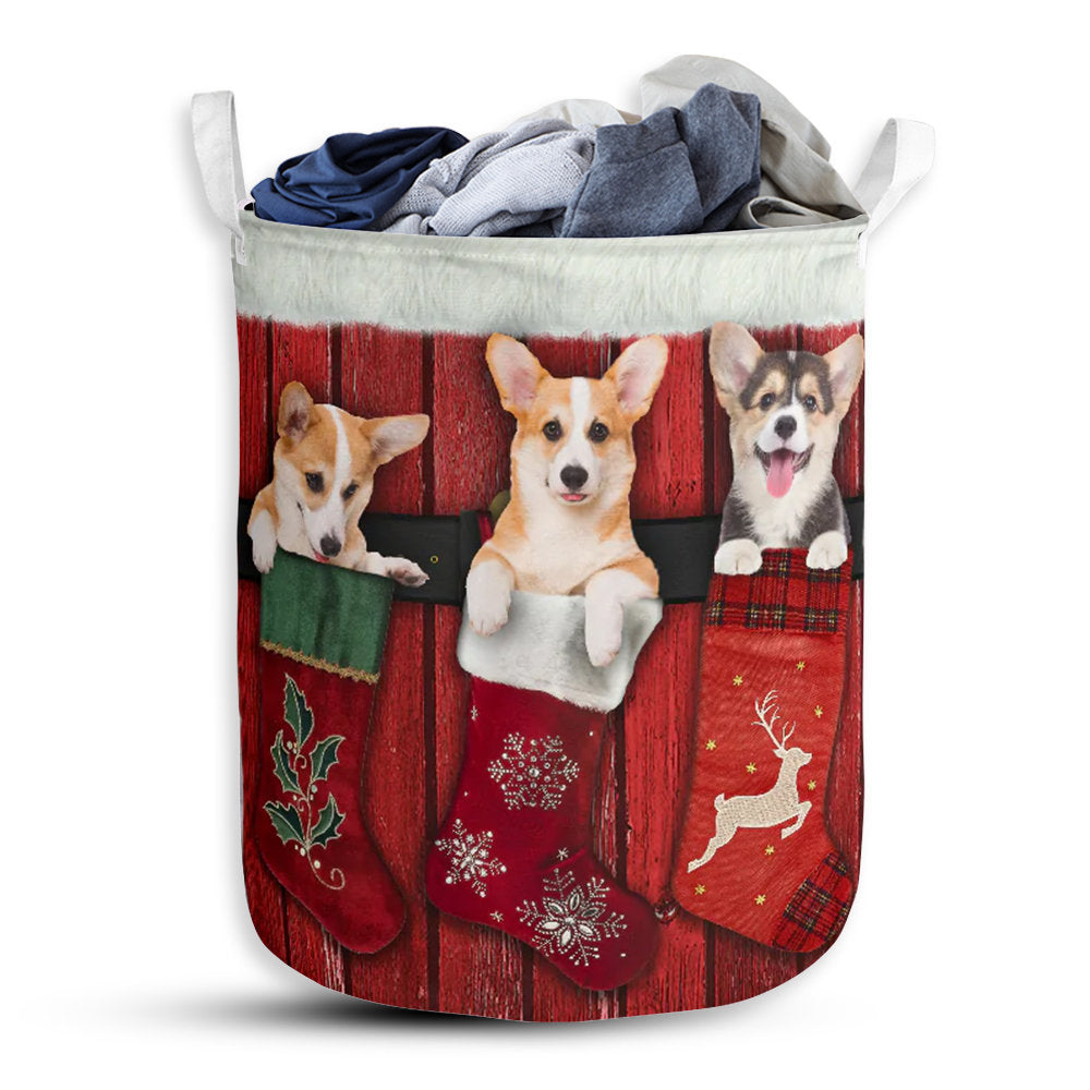 S: 17.72”x13.78” (45x35 cm) Corgi Stocking Noel - Laundry Basket - Owls Matrix LTD