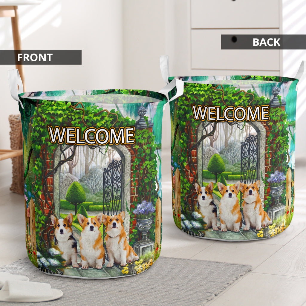 Corgi Welcome Green Garden - Laundry Basket - Owls Matrix LTD