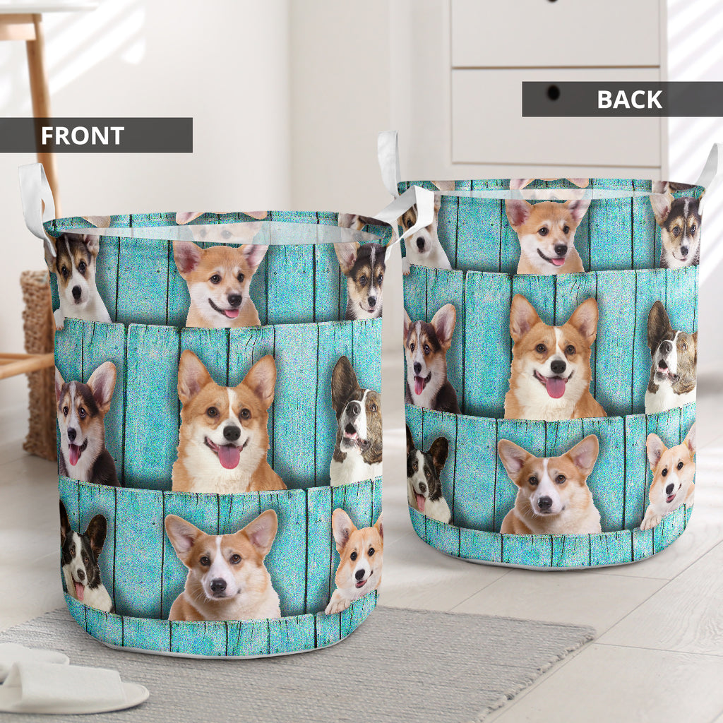 Corgi Wood Blue Style - Laundry Basket - Owls Matrix LTD