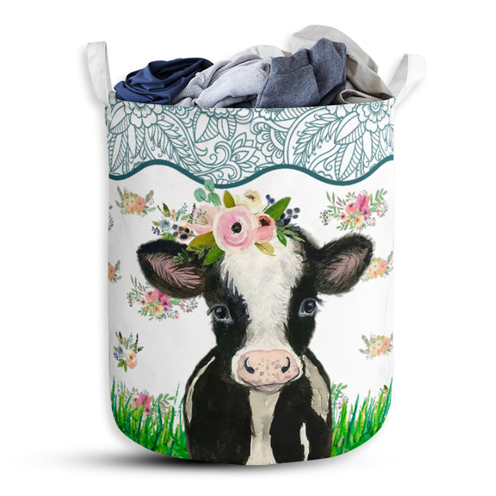 Cow Watercolor Flower - Laundry Basket - Owls Matrix LTD