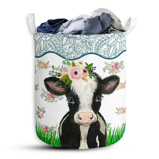 Cow Watercolor Flower - Laundry Basket - Owls Matrix LTD