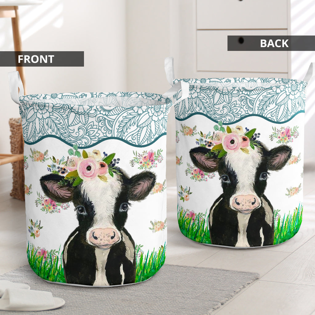 Cow Watercolor Flower - Laundry Basket - Owls Matrix LTD