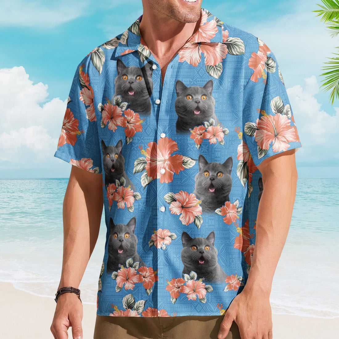 Custom Cat Face Funny Photo Tropical Hibiscus Aloha – Personalized Hawaiian Shirt for Men & Women