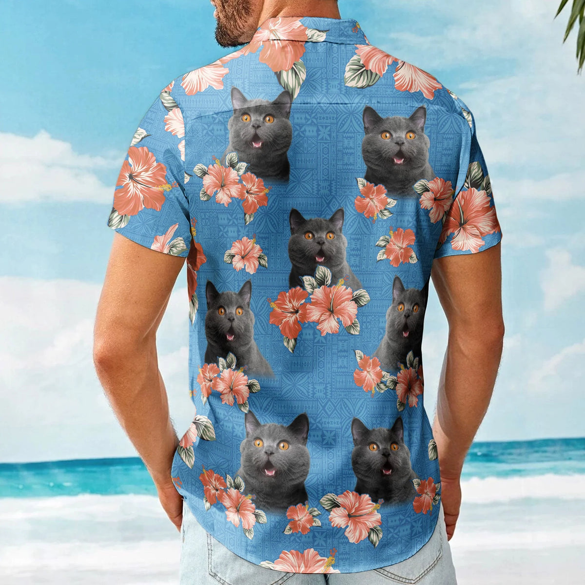 Custom Cat Face Funny Photo Tropical Hibiscus Aloha – Personalized Hawaiian Shirt for Men & Women