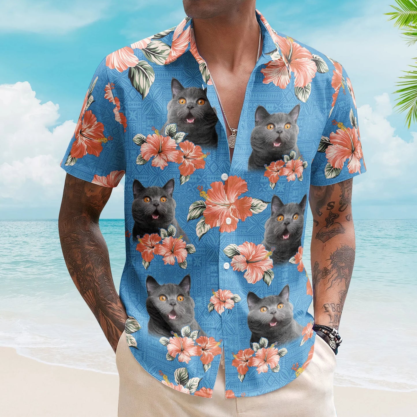 Custom Cat Face Funny Photo Tropical Hibiscus Aloha – Personalized Hawaiian Shirt for Men & Women