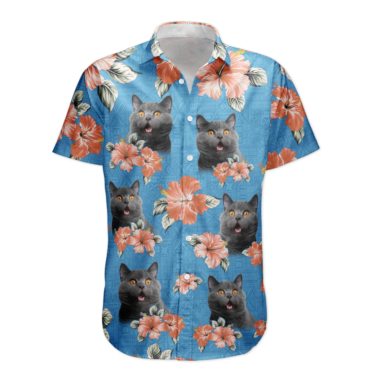Custom Cat Face Funny Photo Tropical Hibiscus Aloha – Personalized Hawaiian Shirt for Men & Women