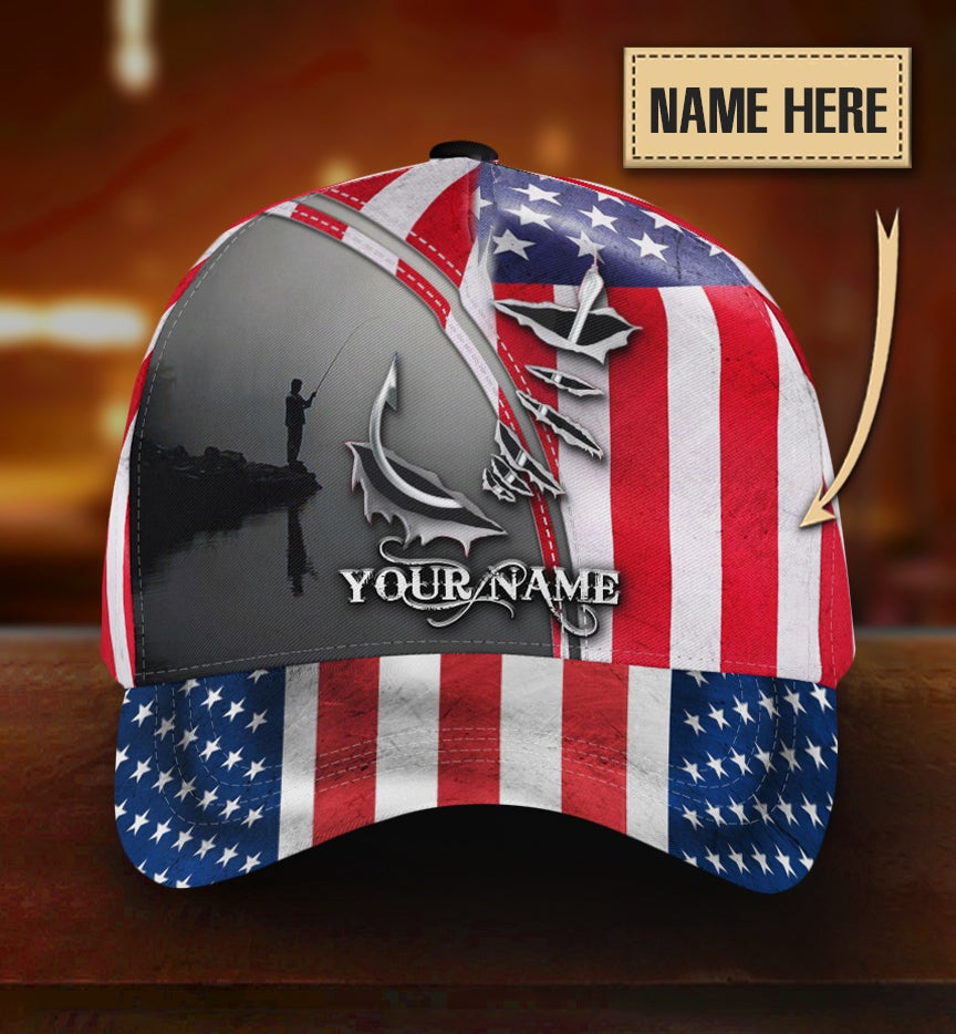 Custom Fishing Hook American Flag Personalized Name – Classic Cap
