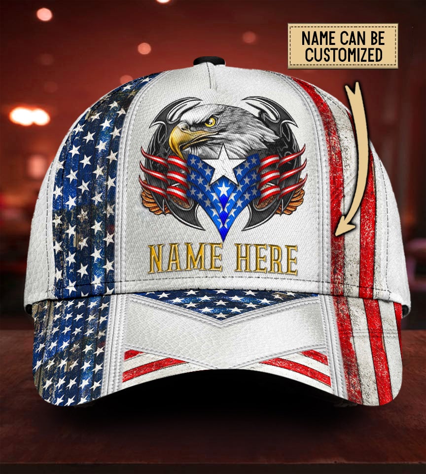 Custom Name Eagle American Flag White – Classic Cap
