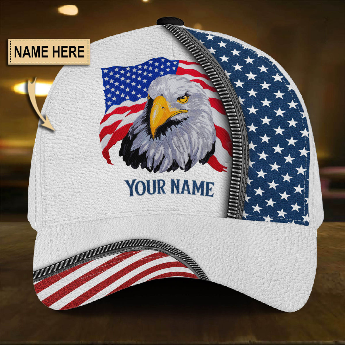 Custom White Proud American Eagle 4th July Name – Classic Cap