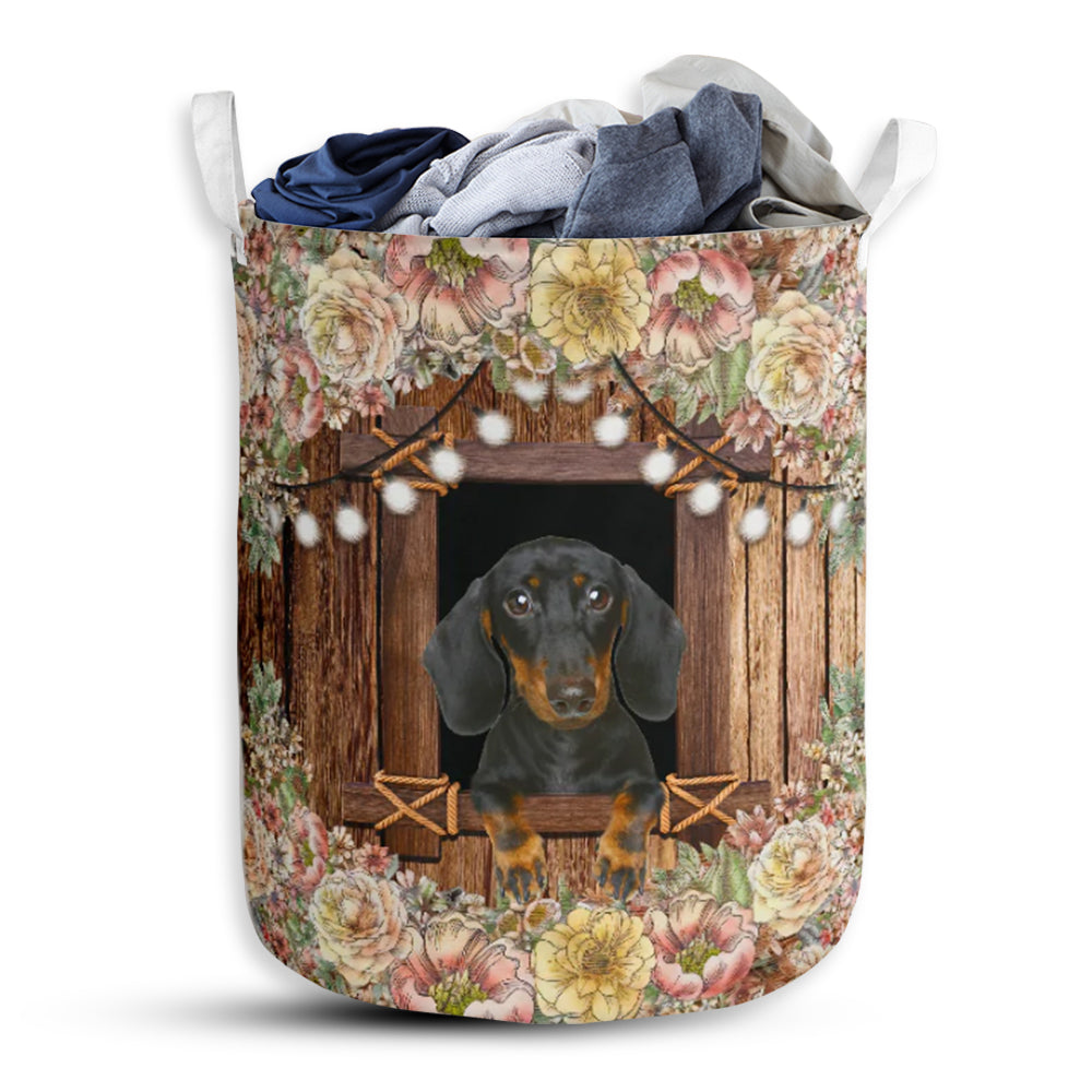 Dachshund Flower Wood - Laundry Basket - Owls Matrix LTD