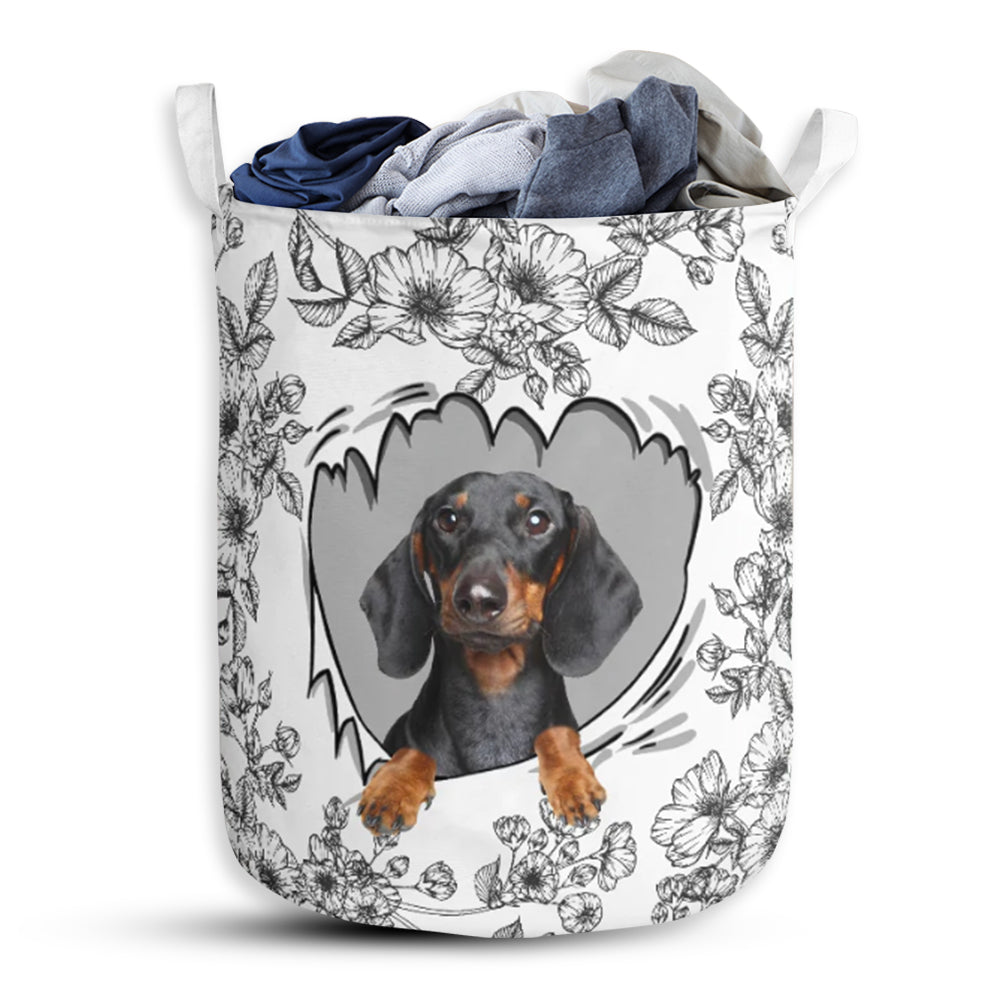 Dachshund With Flower Black And White - Laundry Basket - Owls Matrix LTD