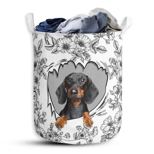 Dachshund With Flower Black And White - Laundry Basket - Owls Matrix LTD