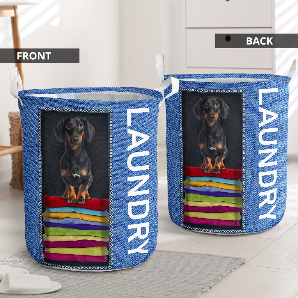 Dachshund In Fabric Jean - Laundry Basket - Owls Matrix LTD