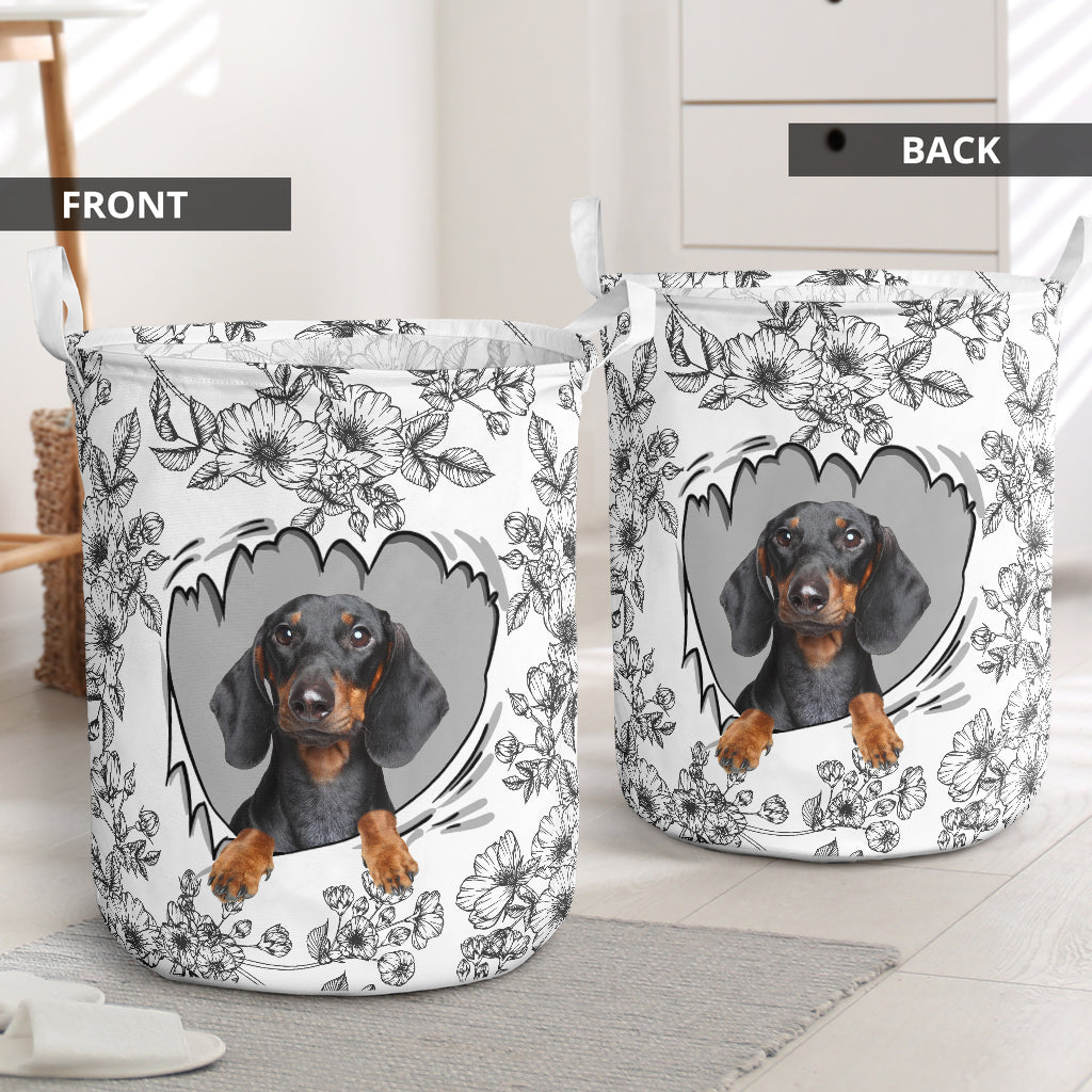 Dachshund With Flower Black And White - Laundry Basket - Owls Matrix LTD