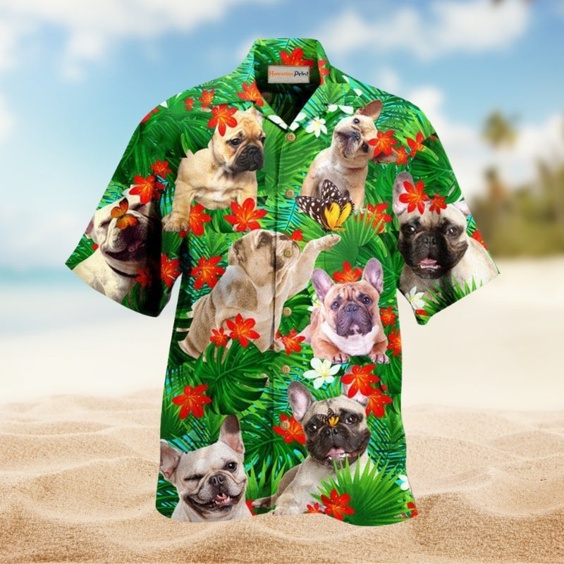 Dog French Bulldog And Blooming Tropical Flowers Edition – Hawaiian Shirt