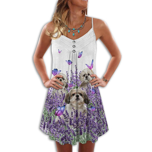Purple Flower Shih Tzu – Women's Summer Sleeveless V-Neck Camisole Dress