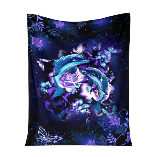 Dolphin And Blue Flowers 50 x 60 Inch Flannel Blanket For Cozy Bedroom And Sofa Decor