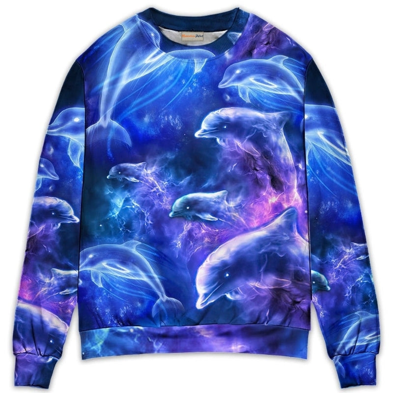 Dolphin Galaxy Neon Glow Art Style – Sweater - Ugly Christmas Sweater