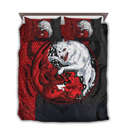 Red And Black Dragon And Wolf Bedding Cover For Fantasy Bedroom Decor