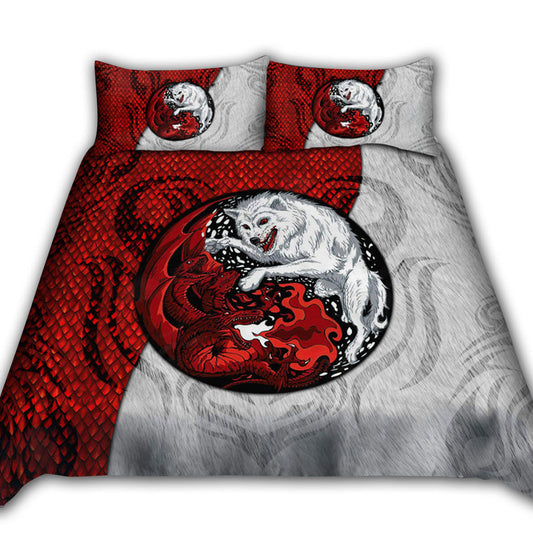 White And Red Dragon And Wolf Fantasy Bedding Cover For Fantasy Bedroom Decor
