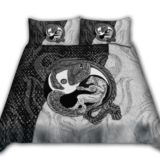 Black And White Dragon And Wolf Fantasy Bedding Cover For Fantasy Bedroom Decor